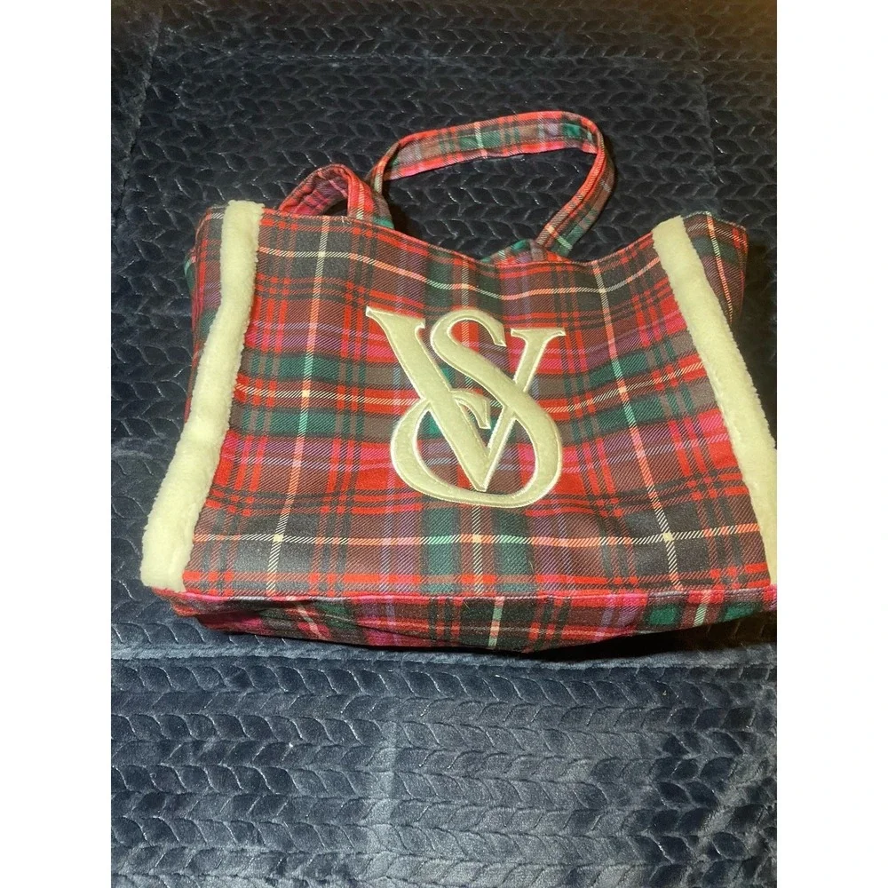 Victoria's Secret  Large Plaid Holiday Tote Bag Red Green Christmas Sherpa